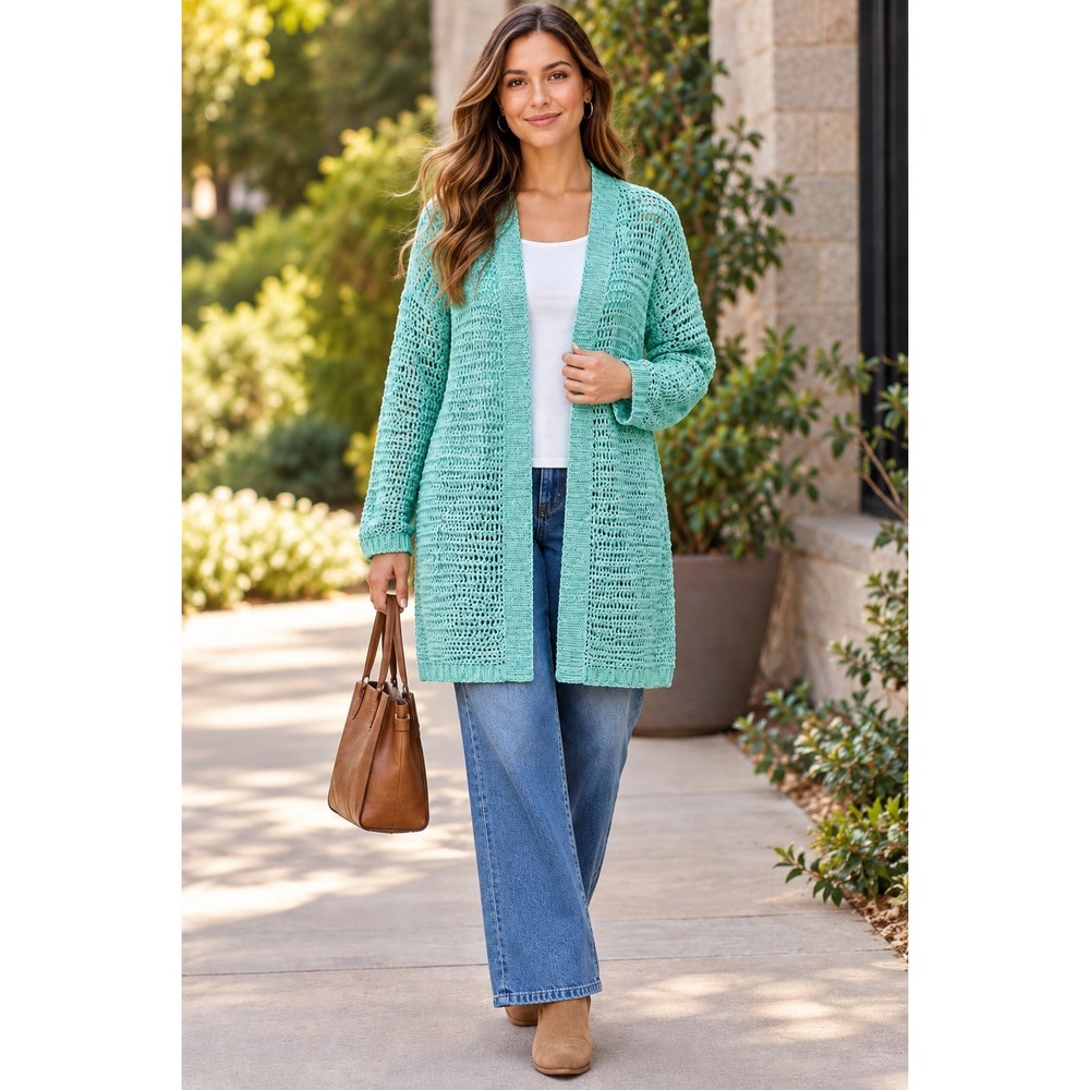 J. Jill Verdigris Cardigan Sweater Womens Extra Large Green Open Knit Coastal